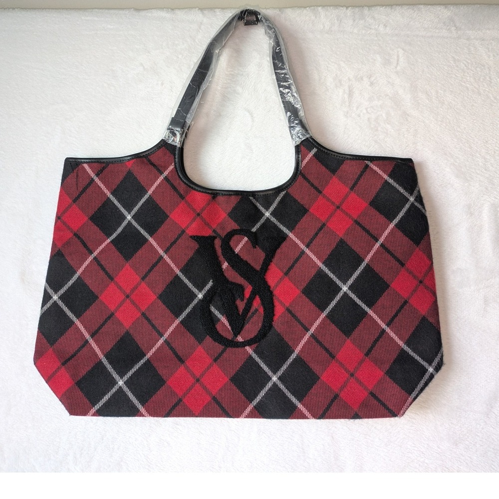 Victoria's Secret Plaid Tote Bag Red Black Argyle Check Large Shopper NWT‎